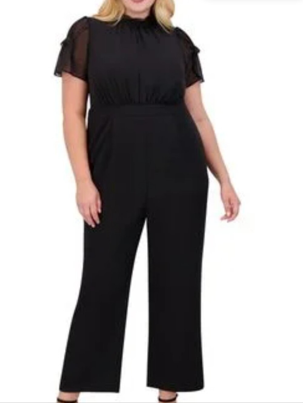 Vince Camuto Black High-Neck Wide-Leg Jumpsuit with Sheer Sleeve